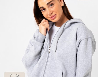 Heather Gray Zip Hoodie, Unisex Cotton Full-Zip Sweatshirt, Brushed Fleece, Regular Fit, XS–4XL