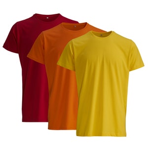 Trio vibrant : t-shirts basiques unisexes jaunes, orange et rouges - 100 % coton, t-shirts unis de qualité supérieure.
