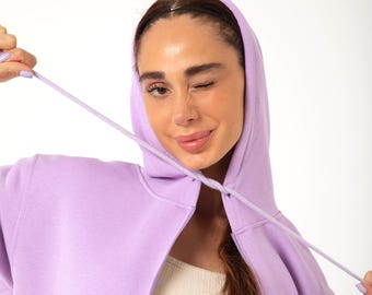 Lilac Cotton Zip-Up Hoodie: Unisex Cozy Lavender Sweatshirt