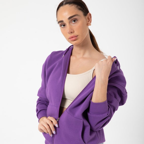 Premıum Purple Zip Hoodie: Organic Cotton Unisex Sweatshirt for Sustainable Comfort & Style