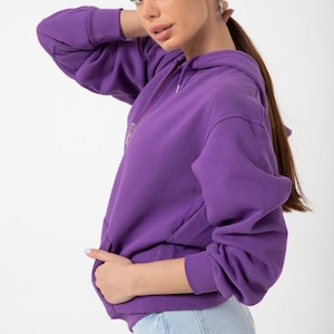 May include: A purple hooded sweatshirt with a zip fastening. The sweatshirt has a kangaroo pocket and long sleeves.