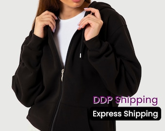 Black Zip Hoodie, Unisex Cotton Full Zip Jacket, Cozy Brushed Fleece Sweatshirt
