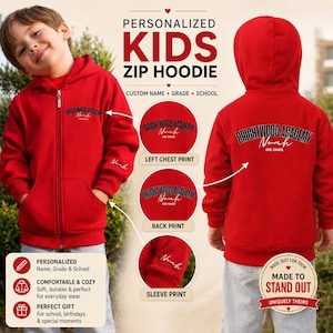 Personalized Kids Zip Hoodie, Custom Name & Grade, School Print, Back-to-School Sweatshirt, 100% Cotton Jacket