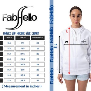 May include: Unisex zip hoodie size chart with measurements in inches. The chart shows the width, length, and sleeve length for sizes XS to 4X.