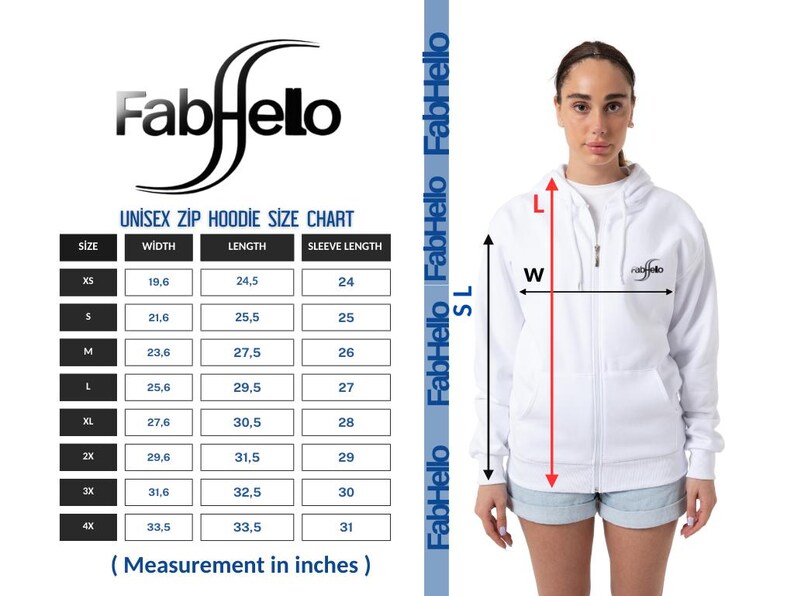 May include: Unisex zip hoodie size chart with measurements in inches. The chart shows the width, length, and sleeve length for sizes XS to 4X.