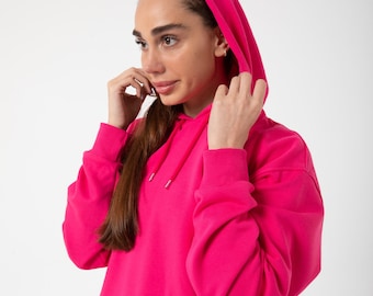 Vibrant Fuchsia Pink 100% Organic Cotton Hoodie - Soft, Simple Design for Everyday Comfort  Sweatshirt - Basic Hoodies for Women and Men