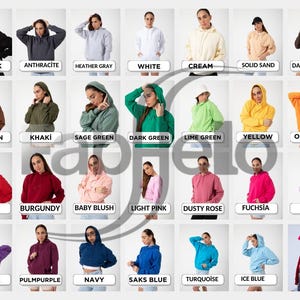 May include: A chart displaying 24 different colour variations of a hooded sweatshirt. The colours include black, white, cream, brown, red, purple, navy, turquoise, and more.