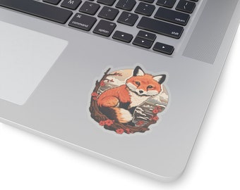 May include: A red fox sitting on a branch with pink flowers. The fox is looking to the right. The background is a watercolor painting of a mountain range and a body of water.