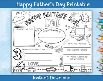Dad Happy Father's Day Printable Kids Coloring Fillable Printable Instant Digital Download