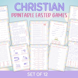 May include: A set of 12 printable Easter games for kids. The games feature a variety of activities, including word searches, mazes, and multiple choice questions. The games are decorated with pastel colors and Easter eggs.