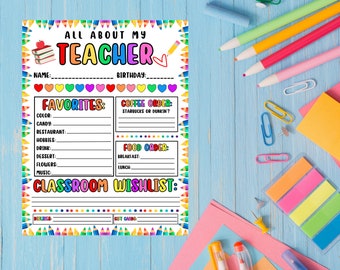 Teacher Favorites List for Back to School - Teacher Survey Printable Instant Digital Download