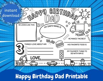 Dad Happy Birthday Printable for Kids Coloring - Fillable Instant Digital Download