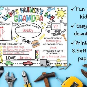 May include: A colorful Father's Day printable featuring the words "Happy Father's Day Grandpa" and a space to personalize with a name. Includes drawings of a truck, hamburger, and race flags. The text says "He is 72 years old".