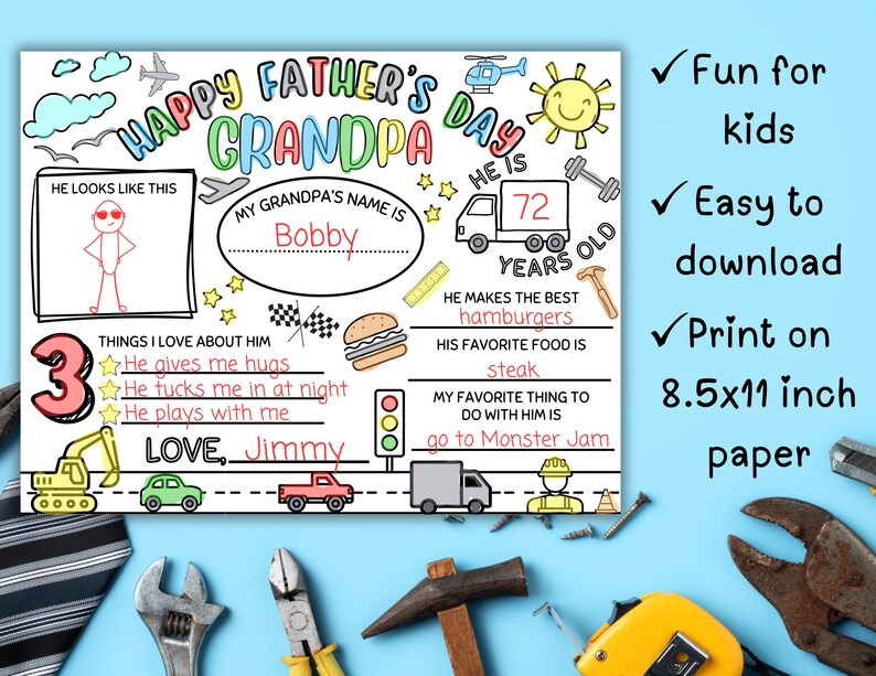 May include: A colorful Father's Day printable featuring the words "Happy Father's Day Grandpa" and a space to personalize with a name. Includes drawings of a truck, hamburger, and race flags. The text says "He is 72 years old".