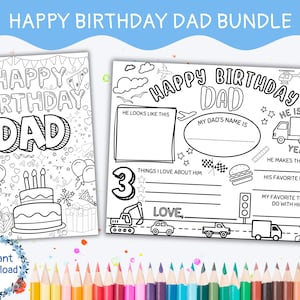 Happy Birthday Dad BUNDEL - Kleurkaart voor kinderen en invulbare placemat afdrukbaar - Instant digitale download