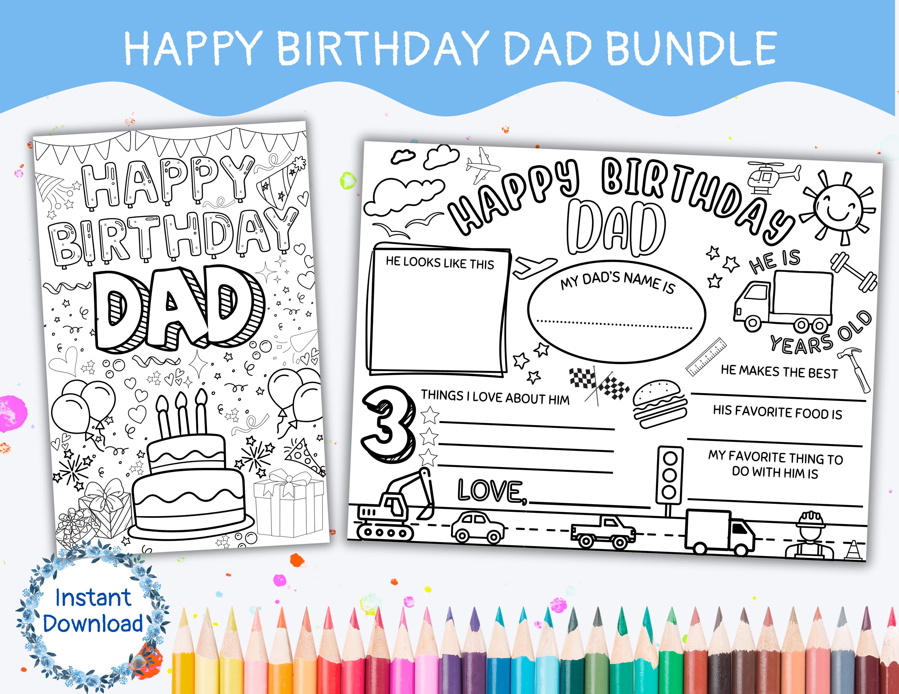 Happy Birthday Dad BUNDLE - Coloring Card for Kids \u0026 Fillable Placemat  Printable - Instant Digital Download - Etsy, image size:3000x2318