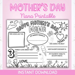 Nana, felice festa della mamma, Nana, bambini, da colorare, compilabile, stampabile, download digitale istantaneo