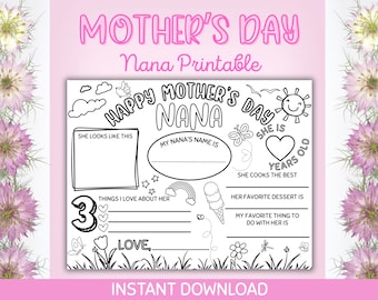 Nana Happy Mother's Day Nana Kids Coloring Fillable Printable Instant Digital Download