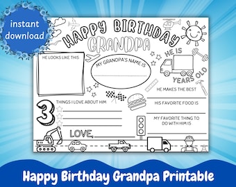 Grandpa Happy Birthday Printable for Kids Coloring - Fillable Instant Digital Download