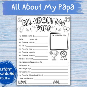 All About My Papa Printable for Kids Coloring - Instant Digital Download