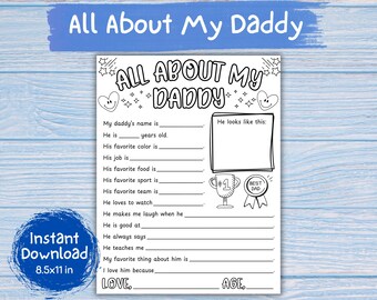 All About My Daddy Printable for Kids Coloring - Instant Digital Download