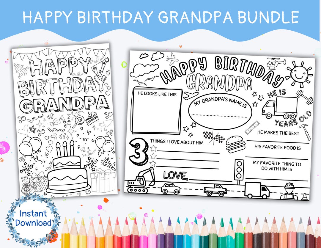 Happy Birthday Grandpa BUNDLE Coloring Card for Kids & Printable ...