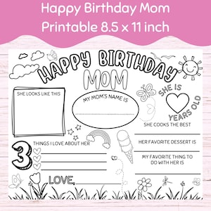 Atividade para impressão de feliz aniversário, mãe para crianças, colorir - download digital instantâneo
