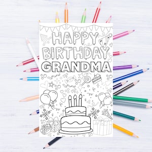 Cartão de colorir feliz aniversário avó para crianças para impressão instantânea download digital