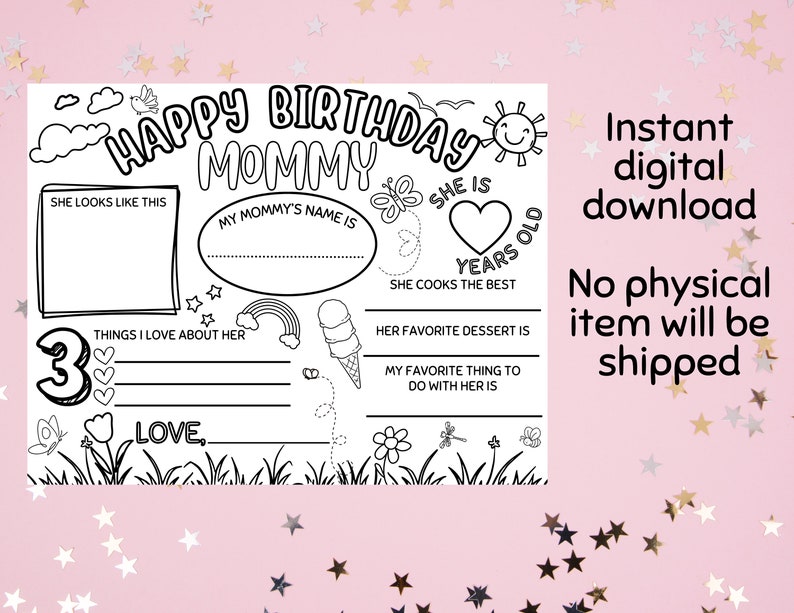 Happy Birthday Mommy Printable Activity for Kids Coloring Instant
