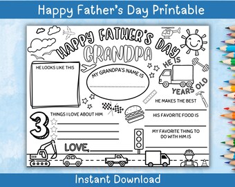 Grandpa Happy Father's Day Printable Kids Coloring Fillable Printable Instant Digital Download
