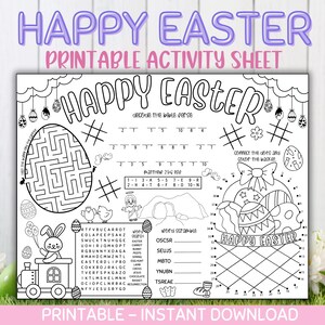 May include: A black and white printable Easter activity sheet with a maze, word search, connect the dots, and a word scramble. The sheet features the text "Happy Easter" and includes a Bible verse.