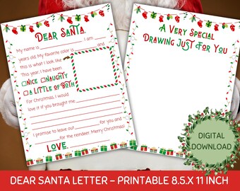 Dear Santa Letter & Drawing Page: Christmas Wish List (Printable Digital Download)
