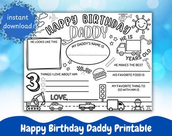 Daddy Happy Birthday Printable for Kids Coloring - Fillable Instant Digital Download