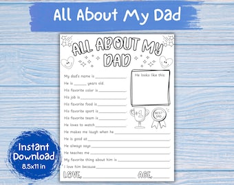 All About My Dad Printable for Kids Coloring - Instant Digital Download