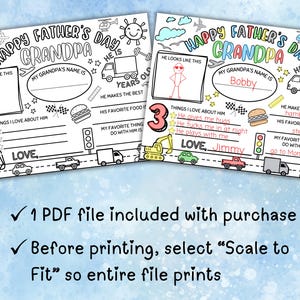 May include: Two printable Father's Day cards with fill-in-the-blank sections for Grandpa. The cards feature a black and white design with illustrations of vehicles, a hamburger, and a race flag. One card is filled out with the name "Bobby".