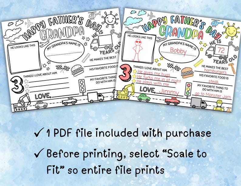 May include: Two printable Father's Day cards with fill-in-the-blank sections for Grandpa. The cards feature a black and white design with illustrations of vehicles, a hamburger, and a race flag. One card is filled out with the name "Bobby".