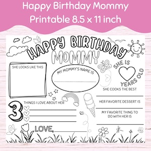 Atividade para impressão de feliz aniversário, mamãe para crianças, colorir - download digital instantâneo
