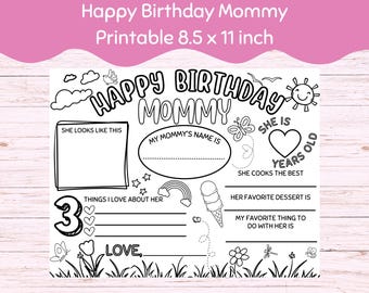 Happy Birthday Mommy Printable Activity for Kids Coloring - Instant Digital Download