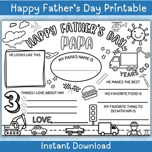 Papa Happy Father's Day Printable Kids Coloring Fillable Printable Instant Digital Download