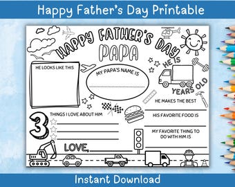 Papa Happy Father's Day Printable Kids Coloring Fillable Printable Instant Digital Download
