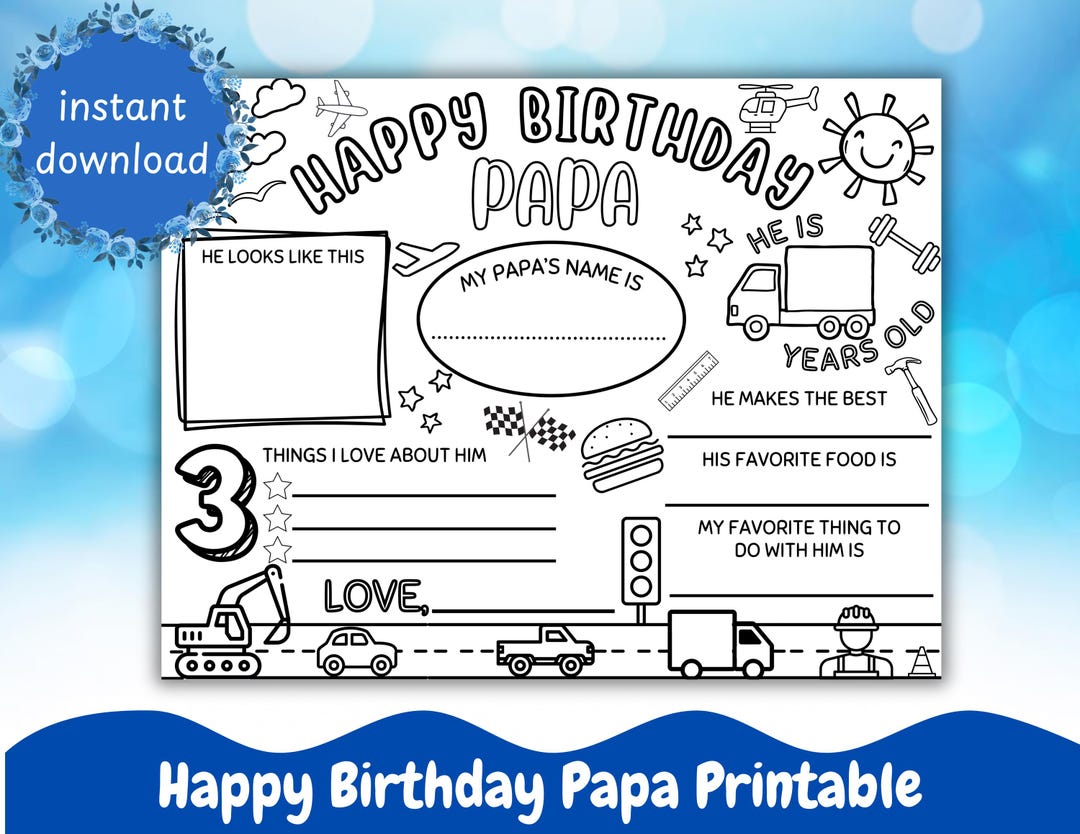 Papa Happy Birthday Printable for Kids Coloring - Fillable Instant ...