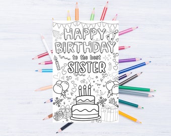 Happy Birthday Sister Coloring Card for Kids (Printable Digital Download)
