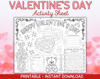 Valentine's Day Kids Activity Sheet: Maze, Word Search (Digital Download)
