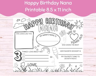 Happy Birthday Nana Printable Activity for Kids Coloring - Instant Digital Download