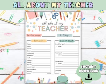 Teacher Favorites List for Back to School - Teacher Survey Printable Instant Digital Download