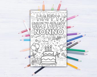 Happy Birthday Nonno Coloring Card for Kids Printable Instant Digital Download