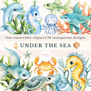 Aquarel onder de zee baby shower clipart bundel kwekerij decor schattige oceaan dieren pngs octopus kwal walvis zeepaardje onderzeese muur kunst