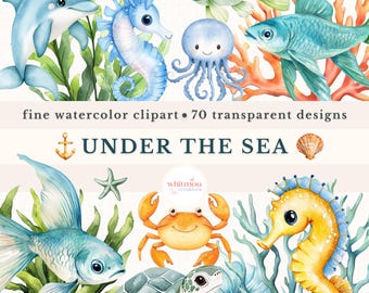 Clipart aquarelle sous la mer : animaux de l'océan, décoration de chambre d'enfant (téléchargement numérique)