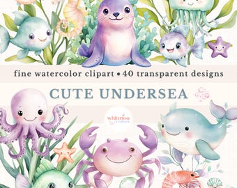Watercolor Undersea Animals Clipart Bundle, Nursery Art (Digital Download)