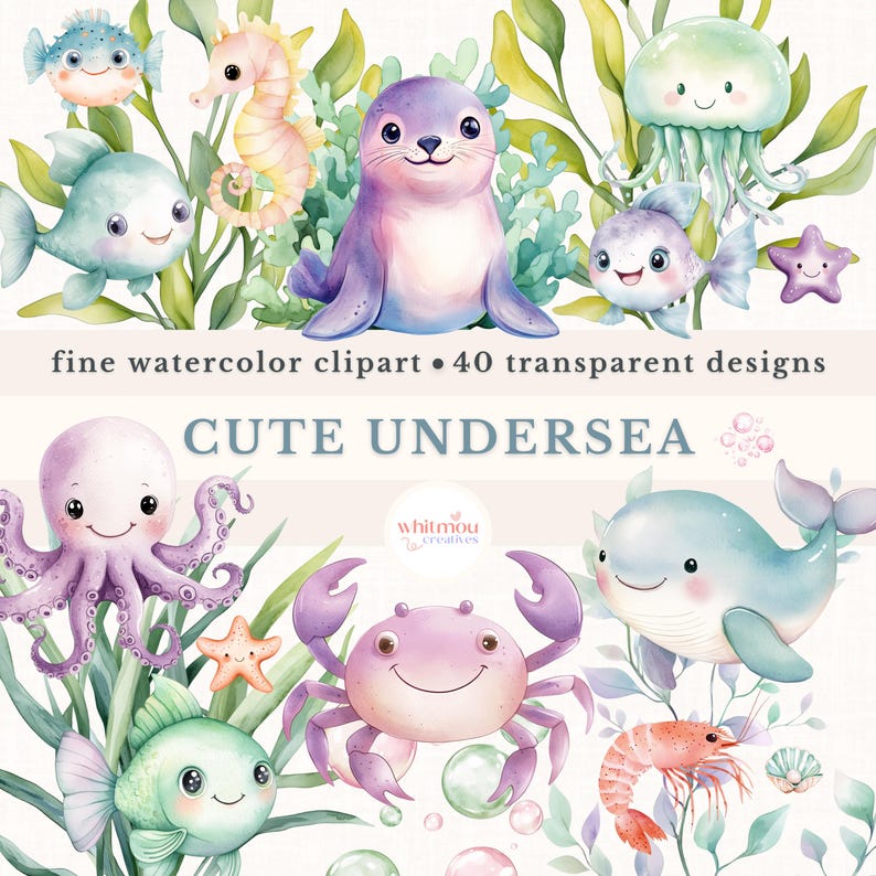 Peut inclure: Un ensemble de 40 images clipart aquarelle repr&eacute;sentant de jolies cr&eacute;atures sous-marines, notamment un phoque, une pieuvre, un crabe, une baleine, un poisson, une m&eacute;duse, un hippocampe et une crevette. Les images sont dans un style fantaisiste avec des couleurs vives et des d&eacute;tails amusants.
